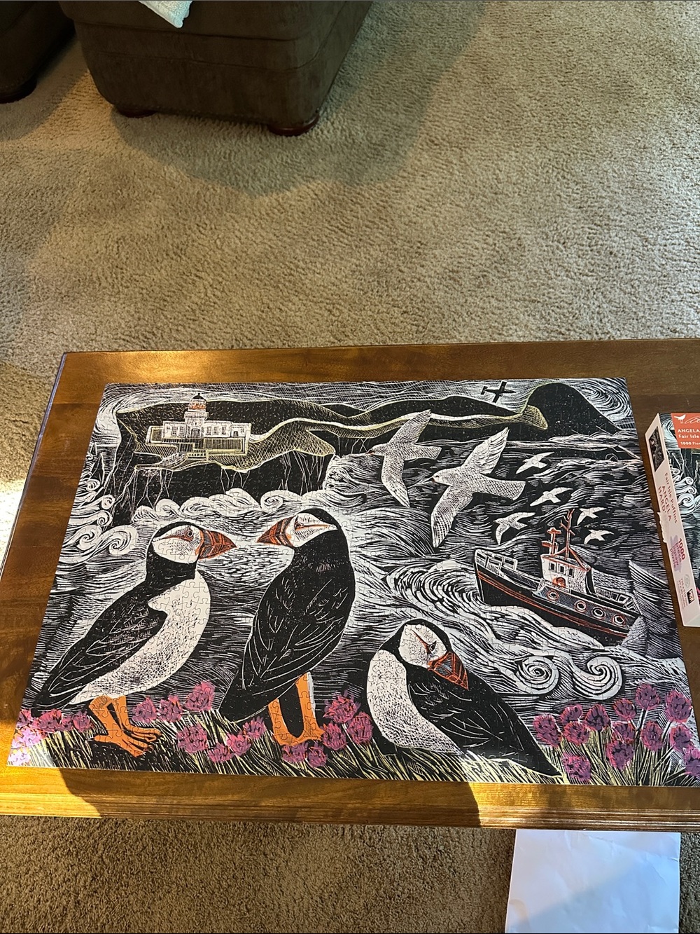 Puzzle - Puffin Coastal Scene Jigsaw (Black, White, Orange)